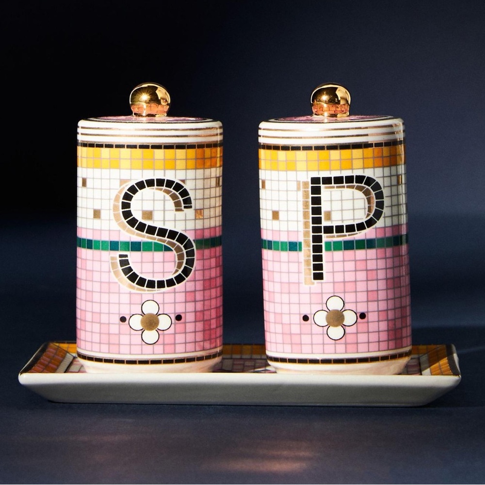 Anthropologie Bistro Tile Salt & Pepper Shakers & Tray Garden Edition